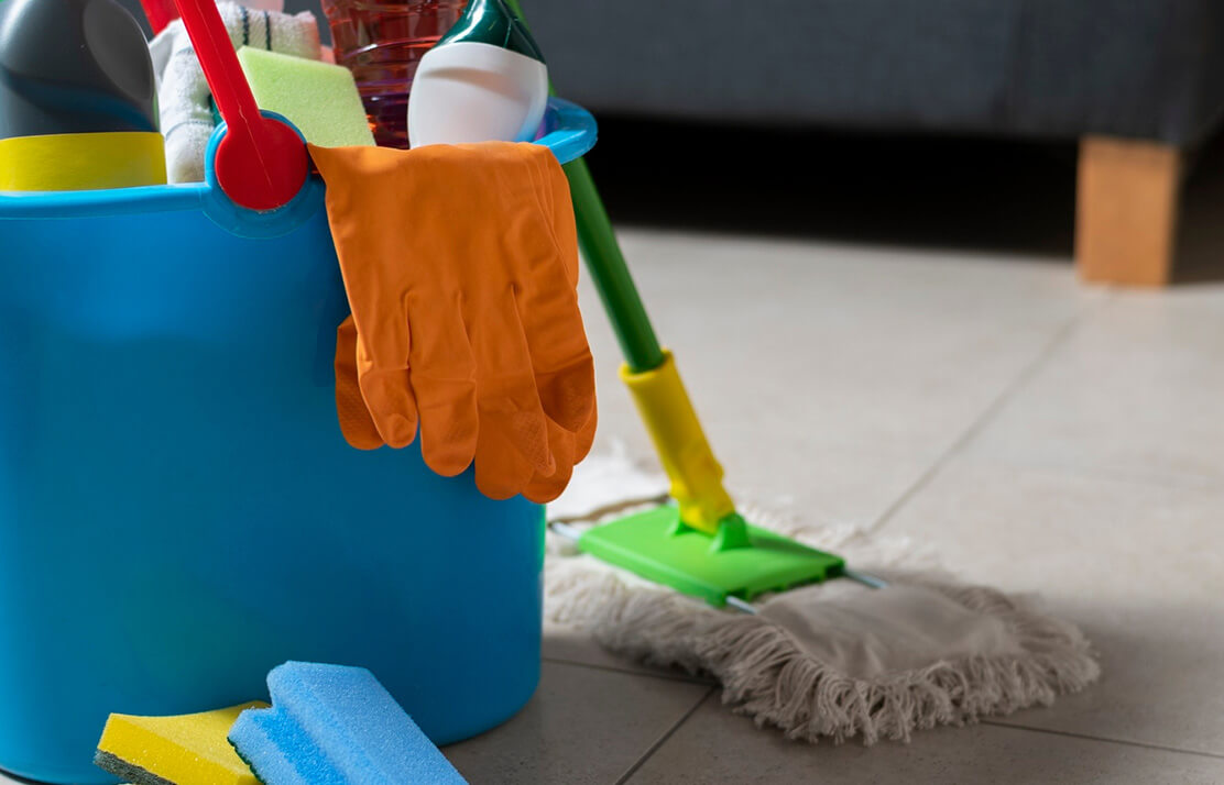 mop bucket and cleaning supplies